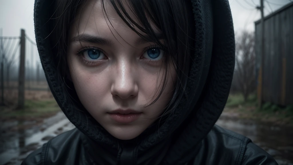 One woman, approximately 25 years old, in loose, lightweight black clothing, wearing a prominently visible balaclava, hanging by one hand from a rusted metal structure. She has striking blue eyes, adding to the eerie atmosphere. The background is randomly ...