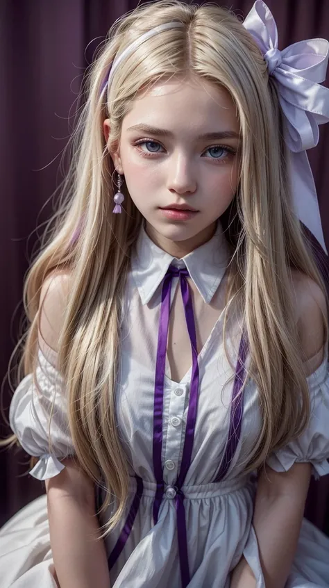 18-year-old woman with white-blond hair, wearing a white dress with purple details, with high hair tied with a fuchsia-colored ribbon hanging in loose ends