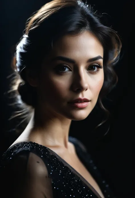 dark shot, film grain, A close up of a woman in a beautiful black dress and a black background, ultra clear, high quality