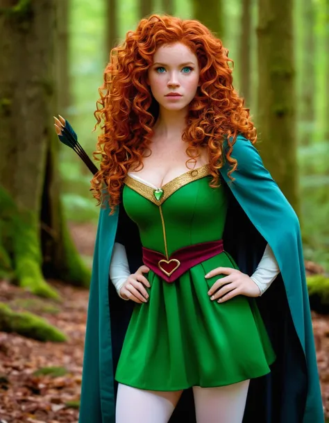 masterpiece, best quality, expressive eyes, perfect face, looking at viewer, large breast, big breast, small waist, , Best Quality, Realistic, perfect figure, highly detailed, showing cleavage, dressed as merida from brave, Red curly hair, big hair, blue e...