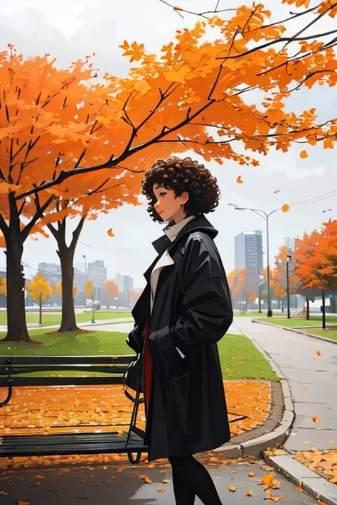 A sad curly woman, on a cloudy day sitting on a park bench, tree leaves fall around