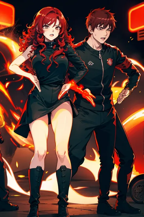 1 person、hot ghost biker with curly red hair、standing with your legs apart、desperate face、burning hand、big explosion background、