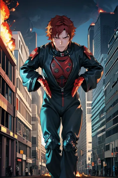 1 person、hot ghost biker with curly red hair、stand with your feet apart、desperate face、((burning hand))、skyscrapers、((exploding ...