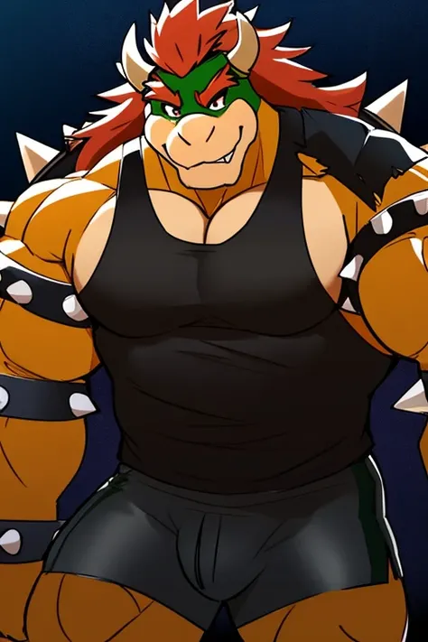 Muscular Bowser, furry, Long hair, black open cut sleeveless gym shirt, shorts negros 