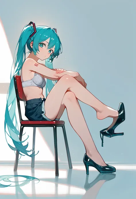 1girl, high heels shoe dangle, cross legged on a chair, hatsune miku, looking at viewer, sitting, from side, wearing bra and sho...