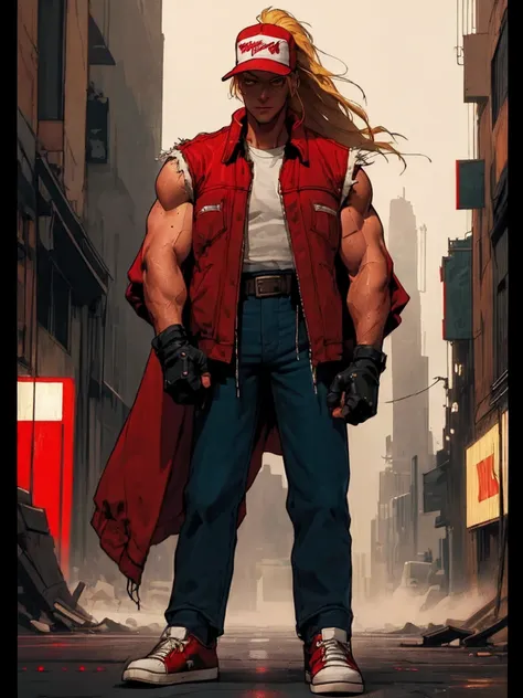 terrybogard, 1guy, red vest, blonde hair, ponytail, red trucker cap, white sleeveless shirt, denim jeans, belt, fingerless glove...