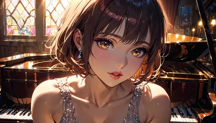 Beautiful woman singing in an Irish pub、She is leaning against a grand piano and singing in a sexy dress.、Short hair、A Ghibli-like touch, beautiful detailed eyes, beautiful detailed lips, extremely detailed eyes and face, long eyelashes, chiaroscuro lighti...