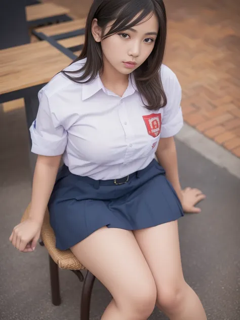 1girl, (indonesian_high_school_uniform), sitting, detailed night view of metropolitan city at the background, detailed face, det...