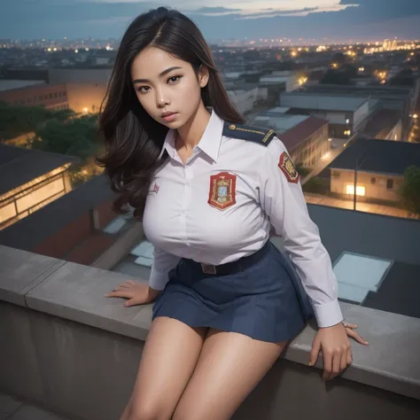 1girl, (indonesian_high_school_uniform), sitting, detailed night view of metropolitan city at the background, detailed face, det...