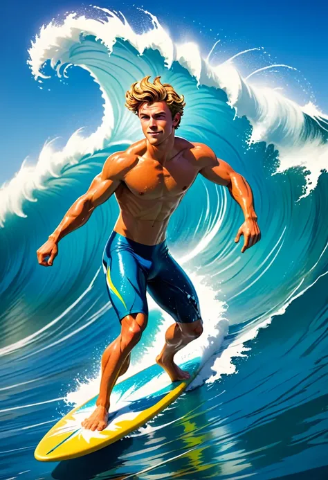 Full-body action shot, young man surfing on a massive wave, dynamic pose, (photorealistic:1.3), muscular physique, (wet hair:1.1), confident expression, surfing in tropical ocean, detailed surfboard with colorful design, splashing water, intense sunlight, ...