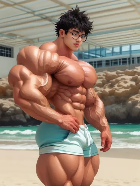 Midoriya, white skin, tall to the ceiling, bodybuilder, nerd with glasses, tropical beach, dressed in tight sweat shorts, shirtless, shiny skin, show abs, cute young face, view from side. high detail faces. 