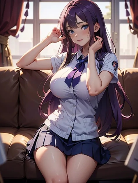 ((Best quality, detailed background,depth of field, volumetric lighting, sharp focus, Absurd, ultra-detailed), 1  ((beautiful,21s, big breasts, saori kido,  purple long hair, big breasts, blue eyes,  blushing)), wearing  jk 