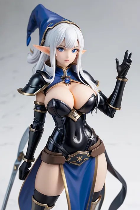 figure of warrior, sexy pose, big breasts, servo armor, white hair, elf earns, witch hat
