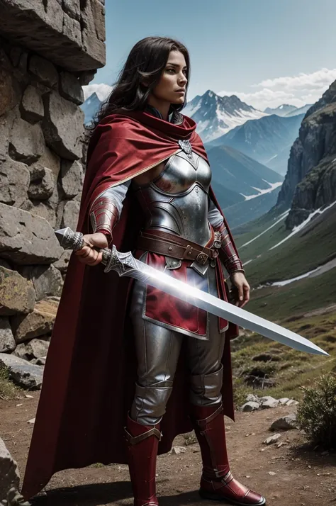 A warrior with a red cape and silver sword standing in the mountains of valor