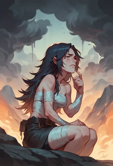 tensor art, background on a volcano, a woman with a crossbow in her hand, long hair, a scratch on her cheek, sitting still and crying, body full of wounds and bandages on her hands, dark and foggy black cloud atmosphere