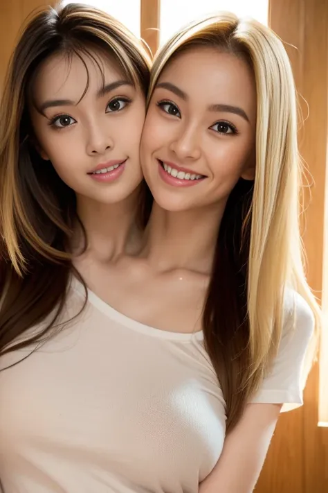 best resolution, 2heads,  half-body shot, conjoined, dicephalus, two japanese woman with two heads ,  blonde hair, Auburne hair, different faces, kissing, t-shirt,  indoor background