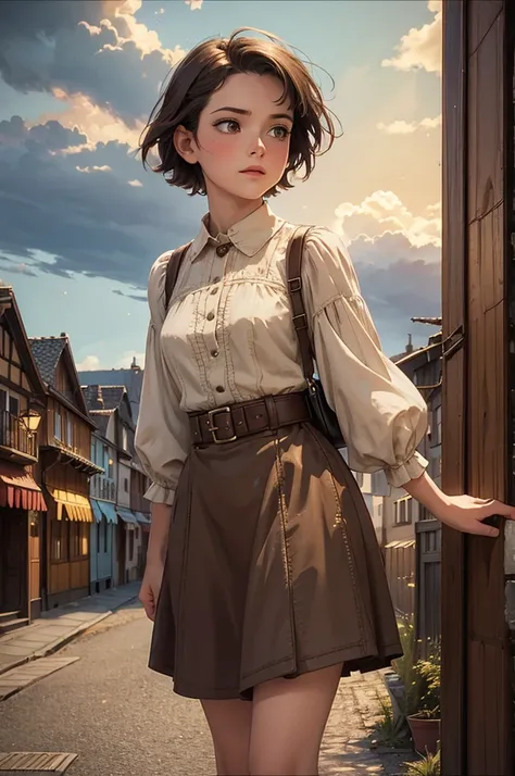 realistic, modern analog photo, full body shot, (detailed cute face and eyes), skyscape with stars and clouds, nightfall, cute woman, small european town in 1910, short windblown skirt, soft steampunk aesthetic, short hair, smoke particles, intricate small...