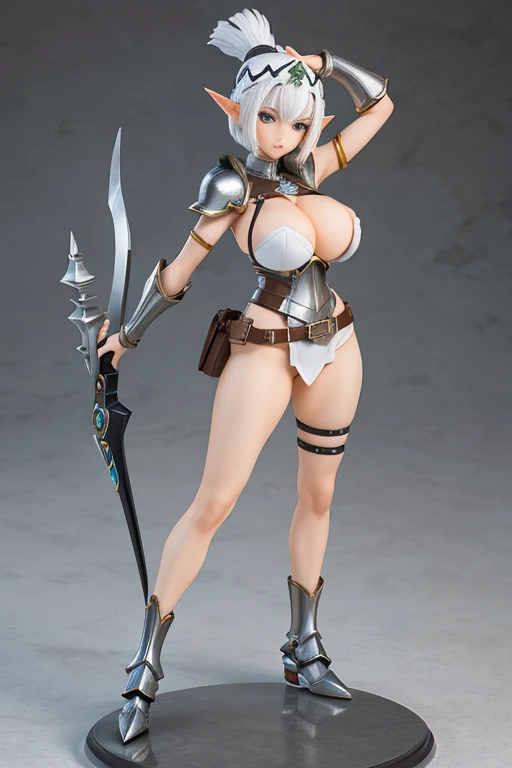 figure of warrior, sexy pose, big breasts, servo armor, short white hair, elf earns, rice farmer hat