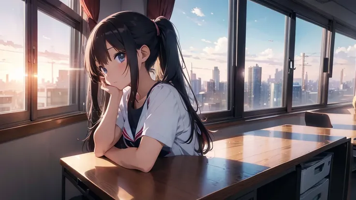 Anime girl sitting at a desk in front of a window with a city view, Anime Background art, Anime Aesthetics, Anime Background, Anime atmosphere, anime wallpaper 4k, anime wallpaper 4k, Anime Aesthetics, 4k anime wallpaper, anime art wallpaper 4k, anime art ...