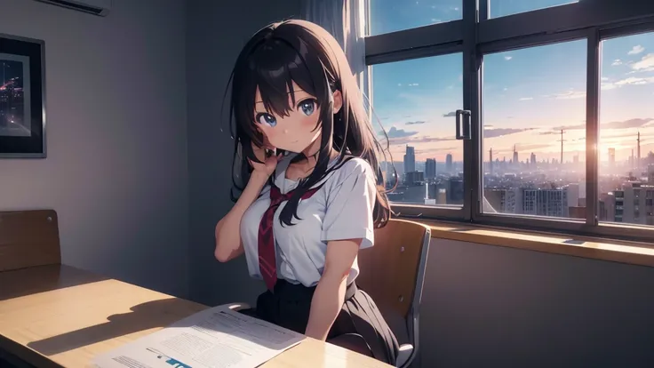 Anime girl sitting at a desk in front of a window with a city view, Anime Background art, Anime Aesthetics, Anime Background, Anime atmosphere, anime wallpaper 4k, anime wallpaper 4k, Anime Aesthetics, 4k anime wallpaper, anime art wallpaper 4k, anime art ...