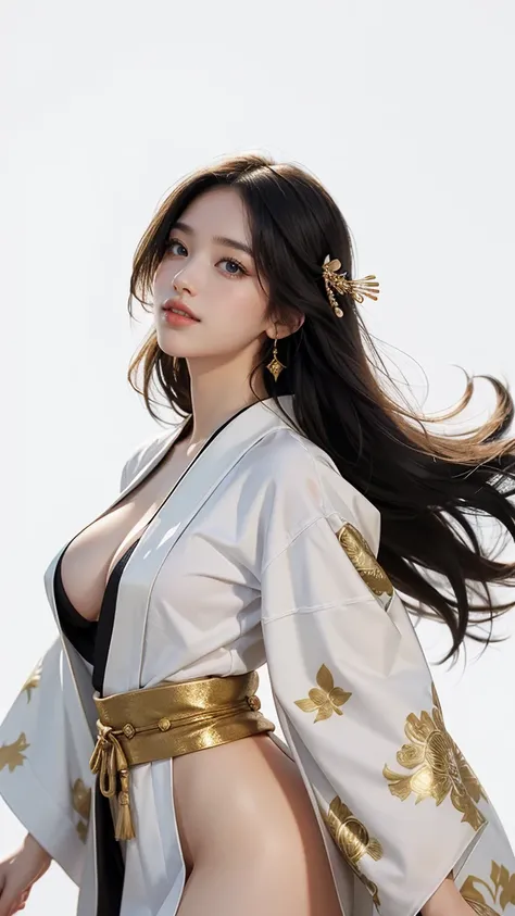 master piece,　best quality,　ultra detailed,　photorealistic,　voluptuous,　1 young girl,　fair skin,　pale skin,　long hair,　black hair,　smile,　mega breasts,　gorgeous bluck kimono,　cowboy shot,　looking up,　white background,　Glittering black and gold kimono：1.2,　...