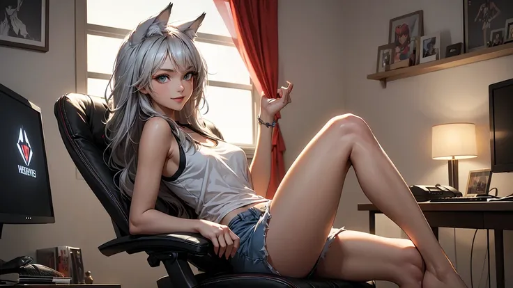 Illustrate a beautiful 20-year-old wolf girl with tan skin and long, flowing greyish hair. She has bright, captivating eyes and is dressed in a cute tank top that shows her midriff, paired with sleep shorts. She is seated in a modern gaming chair in a diml...