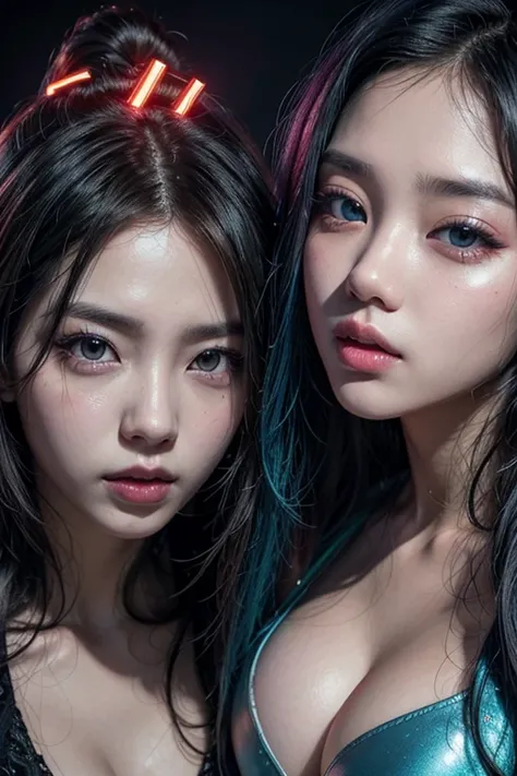 a group of women kpop idols, sexy outfits, beautiful detailed faces, detailed eyes and lips, dramatic lighting, colorful neon aesthetics, vibrant colors, dynamic poses, high fashion, studio lighting, 8k, best quality, masterpiece, photorealistic