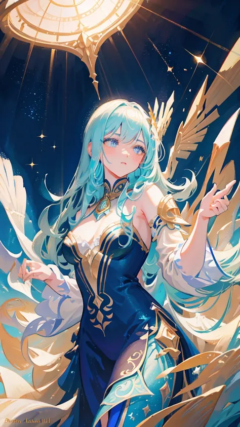 Layla of Genshin Impact, surrounded by blue and silver stars and constellations, pointing to a golden star, floating, HD, intricate detailed face, beautiful detailed eyes, beautiful detailed lips, extremely detailed eyes and face, long eyelashes, fantasy, ...