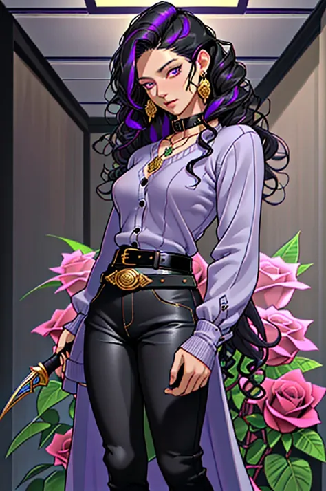 solo,woman,human female, 1girl,((black hair, long hair, curly hair)), (fair skin), young adult, slender body, Purple eyes, blue pupils, detailed hair, detailed face, detailed eyes, detailed sweater, grey sweater, sheathed, rapier, tight shirt, long sleeve ...