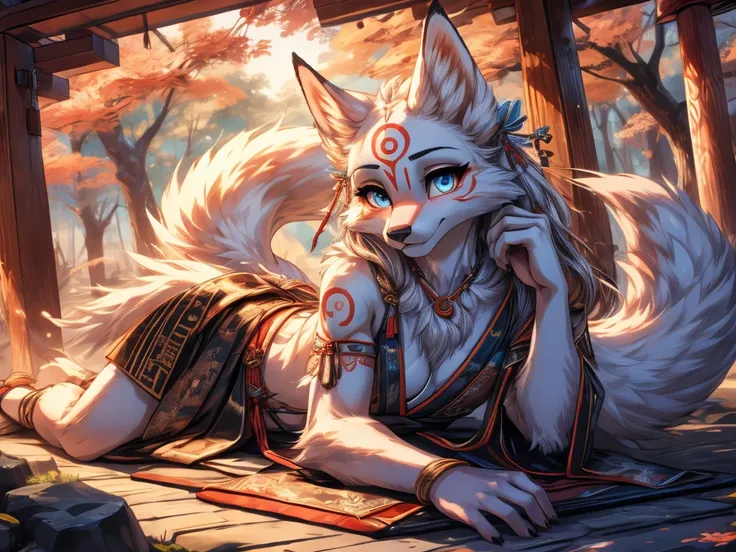 white fur kisune, amaterasu eyes, add high definition_detail:1, blue fur,kitsune ears, tribal tattoo add_detail:1, pretty girl add_detail:1, feudal priestess clothing add_detail:1, japanese shrine scenery add_detail:1, japanese shrine costume add_detail:1,...