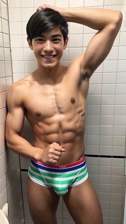 Japanese men、13 years old、Muscles and smooth skin、Very short black hair、Hairless armpits and arms、A relaxed and friendly smile、colorful boxer briefs、The whole body is well visible、Fist pump in the bathroom、