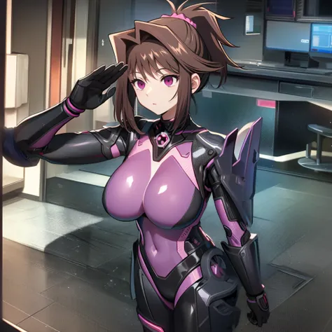 1 girl,NSFW,  Kyoko Masaki,(Yu-Gi-Oh),AnzuDef,short hair, brown hair, hair ornament, high ponytail, ponytail,huge breasts, clavicle, Glowing purple eyes,absurd, brainwashing,empty eyes, ((No expression,erasure of emotions)), (black latex tight bodysuit),lo...