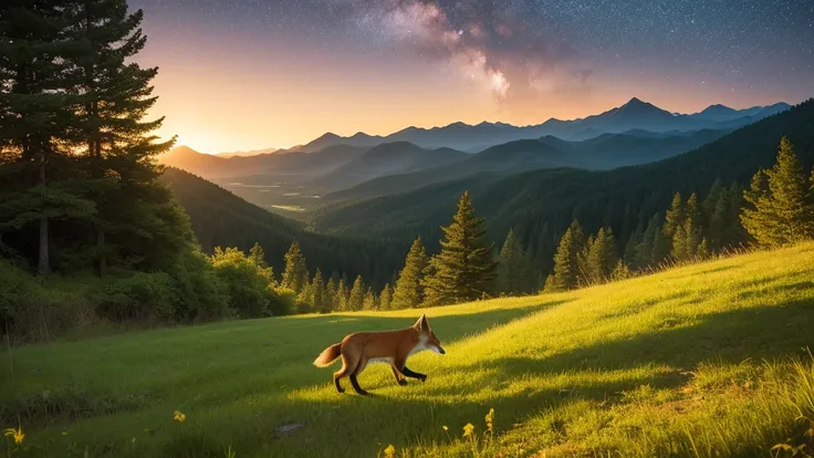 dense and lush green forest, detailed red fox running into the distance, clear sky, dawn 4:00 am, mountains, starry sky, fotogenico