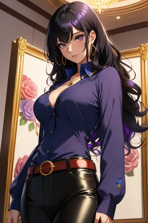 solo,woman,human female, 1girl,((black hair, long hair, curly hair)), (fair skin), young adult, slender body, Purple eyes, blue pupils, detailed hair, detailed face, detailed eyes, detailed sweater, grey sweater, sheathed, rapier, tight shirt, long sleeve ...