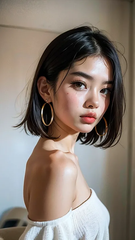 masterpiece, best quality, solo, 1girl, luminous skin, hoop earrings, glamorous, whimsical details, slicked hair, mesmerizing, bare shoulder, crop top, long pants, shallow depth of field, contrapposto, professional model, face front, portrait japan asian g...