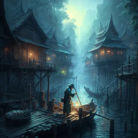 painting of a man on a boat in a river with a boat in the water, andreas rocha style, inspired by Andreas Rocha, the style of andreas rocha, by Andreas Rocha, painted by andreas rocha, detailed digital 2d fantasy art, moody misty fantasy art, digital 2d fa...