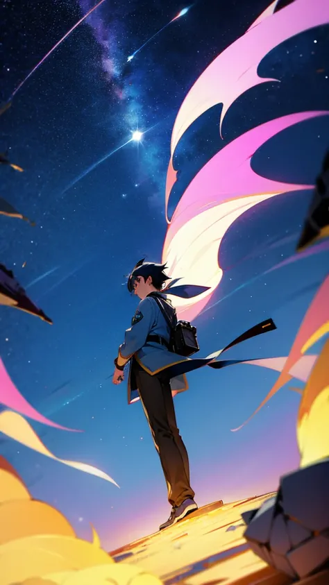 !Boy, ((Low Angle Shot!)), manga perspective, camera at feet looking up!, night sky, shooting star, Low Angle Shot