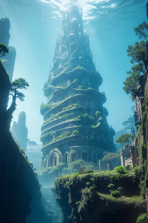 Underwater at the bottom of the sea, a giant building and a giant tree together