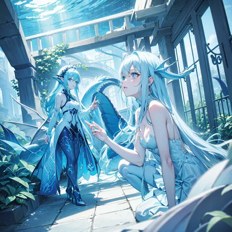 dragon girl, with light blue scaly skin and blue aquatic dragon tail, blue eyes, with long white hair and light blue dress. underwater 