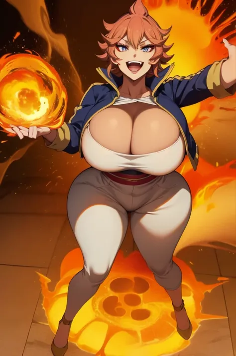 best quality mereoleona fang, 1girl, solo, short hair, smile, full body standing, foreshortening, teeth, open mouth smile, grimoire (swirling fire:1.1) (explosion:1.2), clenched hands, spread arms, :D , from above, looking up, meroutfit4, blue jacket, long...