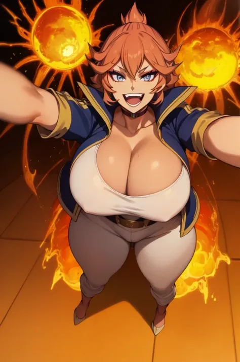 best quality mereoleona fang, 1girl, solo, short hair, smile, full body standing, foreshortening, teeth, open mouth smile, grimoire (swirling fire:1.1) (explosion:1.2), clenched hands, spread arms, :D , from above, looking up, meroutfit4, blue jacket, long...