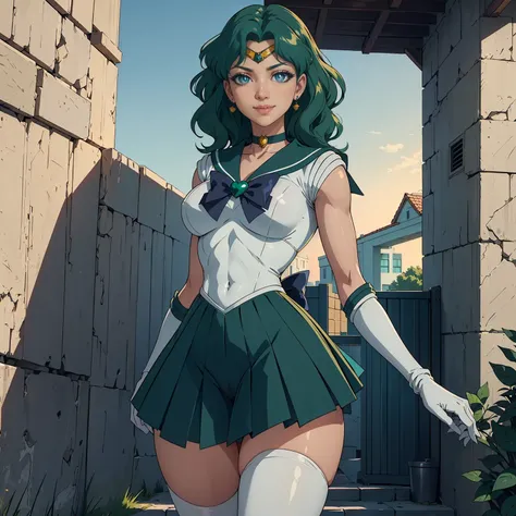 (((solo,1woman, mature, alone))), sailor neptune, ((dark green hair, medium hair, glowing aqua eyes, wide eyes, makeup, narrow w...