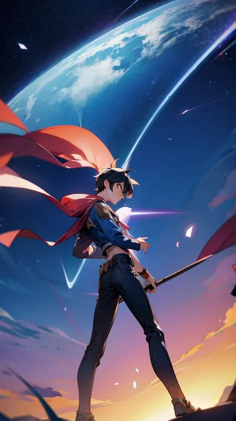 !Boy, ((Low Angle Shot:1)), wide angle camera, character in front of camera, legs in front of the camera, night sky, shooting star, Low Angle Shot