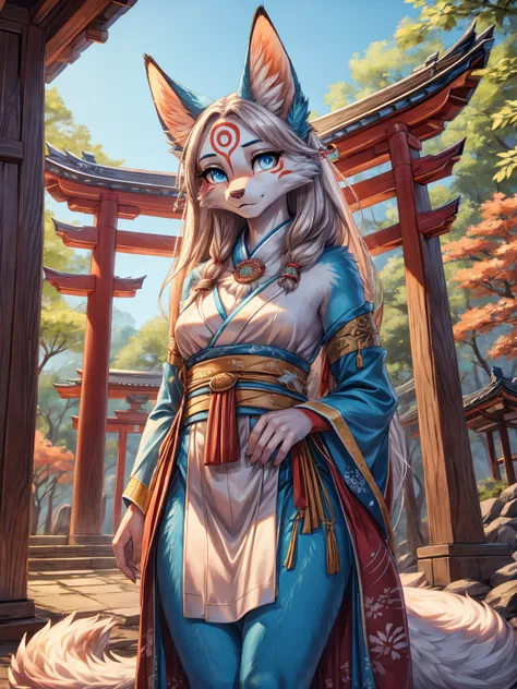 white fur kisune, amaterasu eyes, add high definition_detail:1, blue fur,kitsune ears, tribal tattoo add_detail:1, pretty girl add_detail:1, feudal priestess clothing add_detail:1, japanese shrine scenery add_detail:1, japanese shrine costume add_detail:1,...