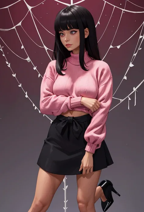 ​masterpiece, best quality, abs, a pink sweater, black skirt, High Heels, meeting, shorth hair, bangs, Viewers look at, 1 girl, The size, tied, reserved, silk, Spider web, silk, ​masterpiece, best quality, muito detalhado, tied arms, Arms behind the back