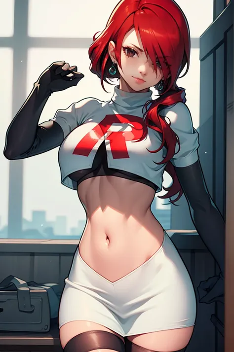 persona3mitsuru, red hair, hair over one eye ,glossy lips , team rocket, team rocket uniform, red letter r, white skirt,white cr...