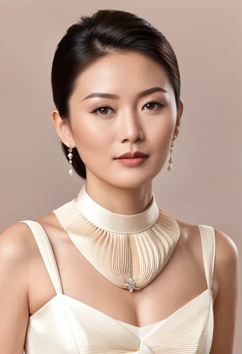 40-year old attractive chinese-japanese woman, wears too tight french-twist pleated-scarf in beige color with fine texture, wears Cartier necklace and earrings, small and lovely monolid-eyes, rounded-face, natural-ivory skin, white dress