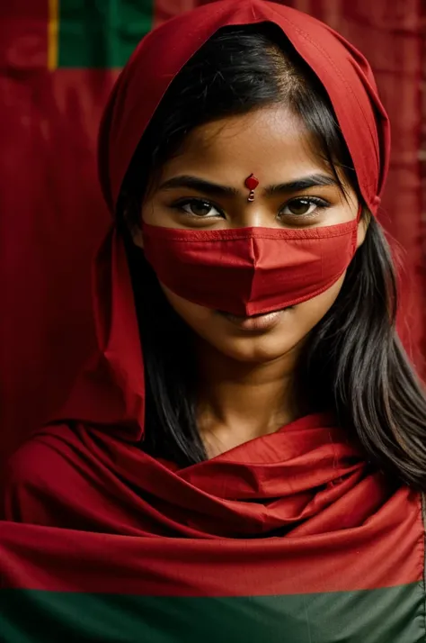 A girl Blindfolded with red cloth , background Bangladeshi flag 