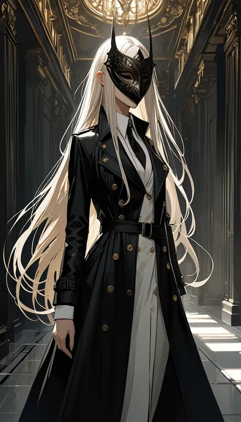 styled by Ashley Wood,in the style of Santiago Caruso,
((masterpiece, Best quality)),(illustration),(detailed light),((Incredibly elegant and beautiful)),1 girl,Black long trench coat,White shirt,long hair,silver long hair,Dark Shadows,They_a mask,