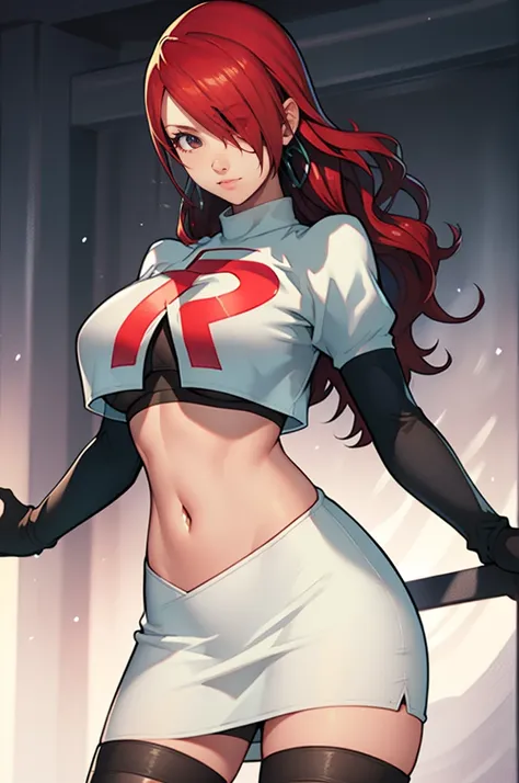 persona3mitsuru, red hair, hair over one eye ,glossy lips , team rocket, team rocket uniform, red letter r, white skirt,white cr...